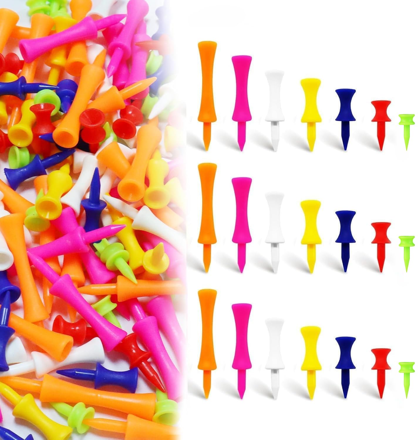 Golf Tees Castle Plastic Small Driver Mixed Sizes 1 1/2, 1 3/4, 2, 2 1/4, 2 3/4 Value 100 Pack，Golf Tee Practice unbreakable Lightweight Portable Durable in Bright Multiple Colors for Golf Enthusiast