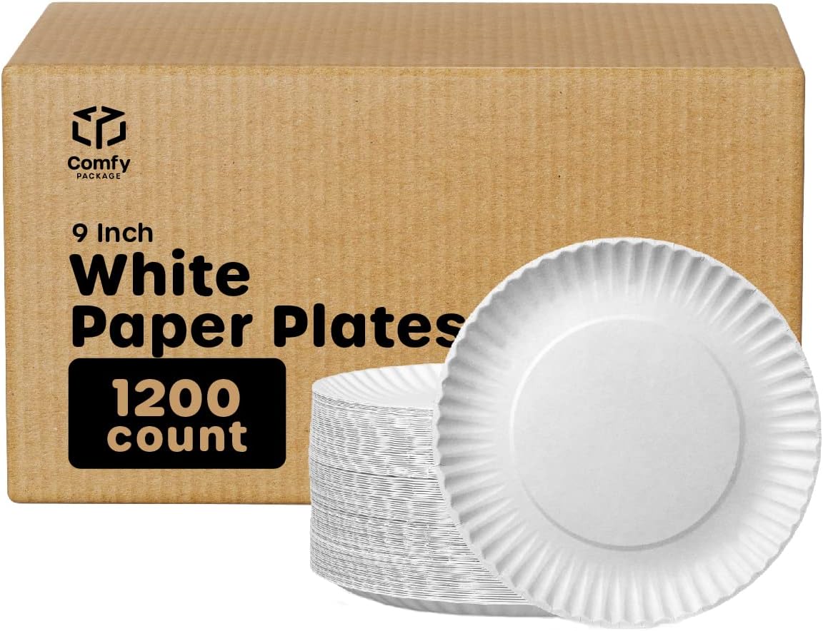 GUSTO [Case of 1200-9 Inch Uncoated White Paper Plates, Disposable, Decorative Craft Paper (Formerly Comfy Package)
