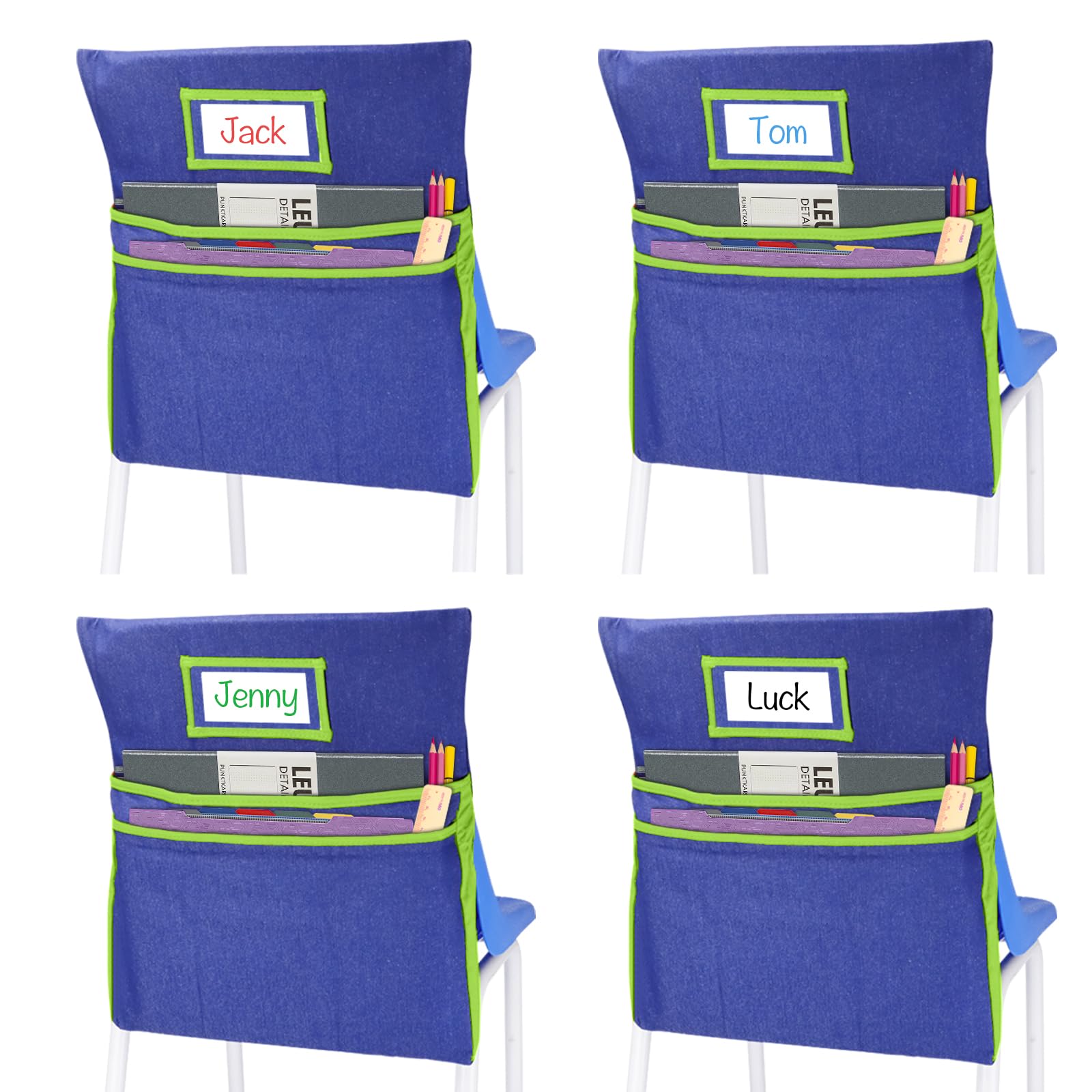 Auchq 16PCS Chairback Buddy Pockets Chart with 2 Heavy Duty Storage Pocket,School Supplies Chair Back,Standard Denim Storage Organizer for Classroom Chair(Green)