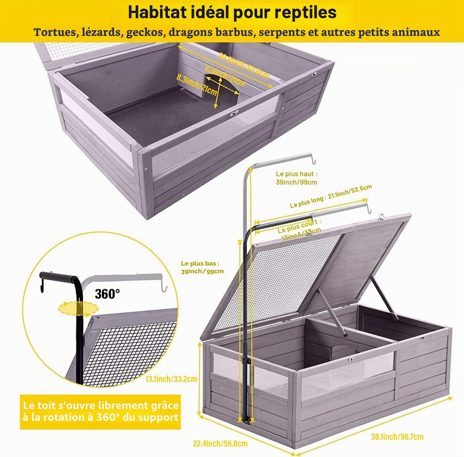 Grande maison en bois pour tortues – habitat, enclos pour tortues d'intérieur pour petits animaux, terrarium pour reptiles et amphibiens – Protection de sécurité contre le vent et la pluie