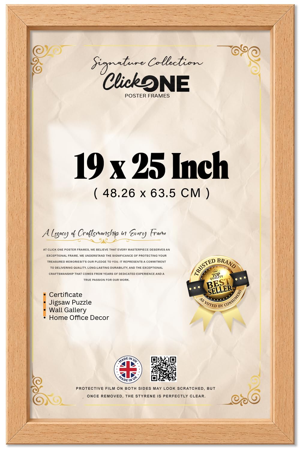 Click One 19x25 Inch Beech Picture Frame MDF Wood Perspex Front 48.3 x 63.5 cm Wall Mounted Photo Poster Certificate Artwork Display Frame (Beech)