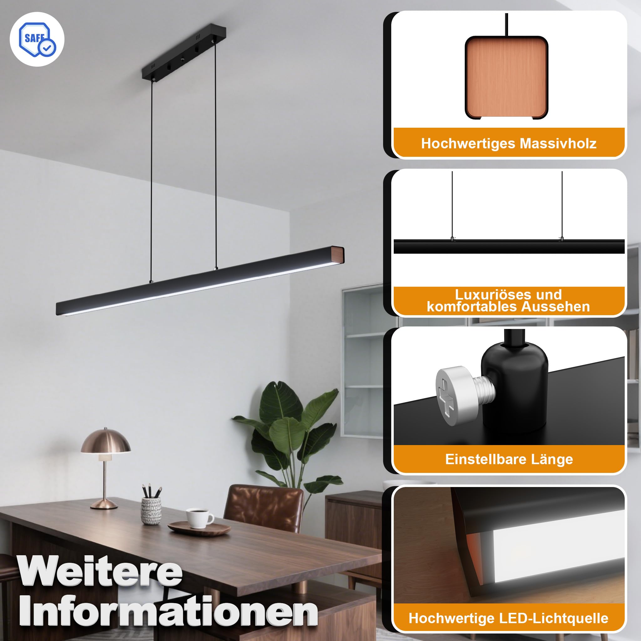 YRHome Nowoczesna lampa wisząca LED, 60 W, ściemniana, z regulacją wysokości, lampa wisząca z pilotem zdalnego sterowania, liniowa konstrukcja, lampa sufitowa do salonu, kuchni, sypialni, biura