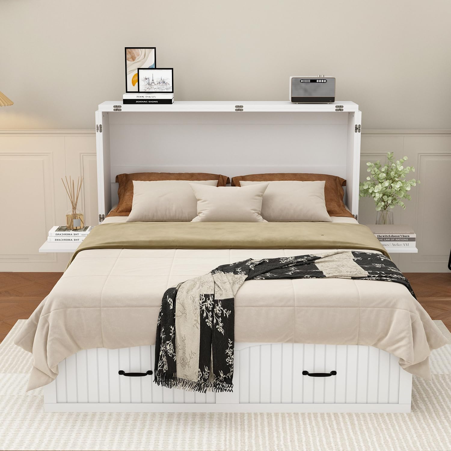 WOODTIME 2-in-1 Full Size Murphy Bed with 2 Built-in Nightstands and Large Drawer, Space-Saving Foldable Cabinet Bed Frame for Bedroom Guest Room, White