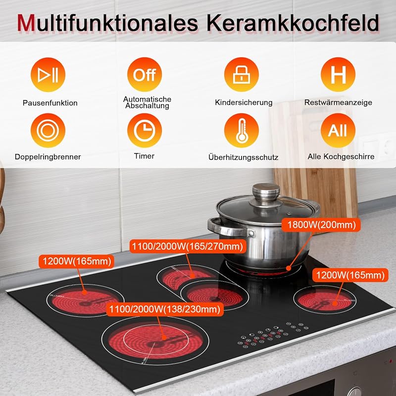 Karinear 77 cm-es Beépíthető Üvegkerámia Főzőlap 5 Zónával, 8400W, Érintőgombos, Időzítővel, Gyerekzárral, Túlmelegedés Elleni Védelemmel