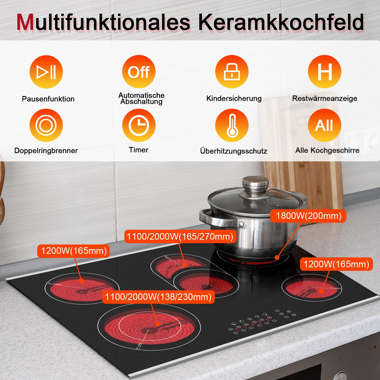 Karinear Glaskeramikkochfeld 5 Platten Einbau, Keramik kochfeld 5 Zonen, 77 cm, Herdplatte 5 Kochfelder, mit Berührungssteuerung, Timer, Kindersicherung, 220-240V, 8400W, Keine Stecker
