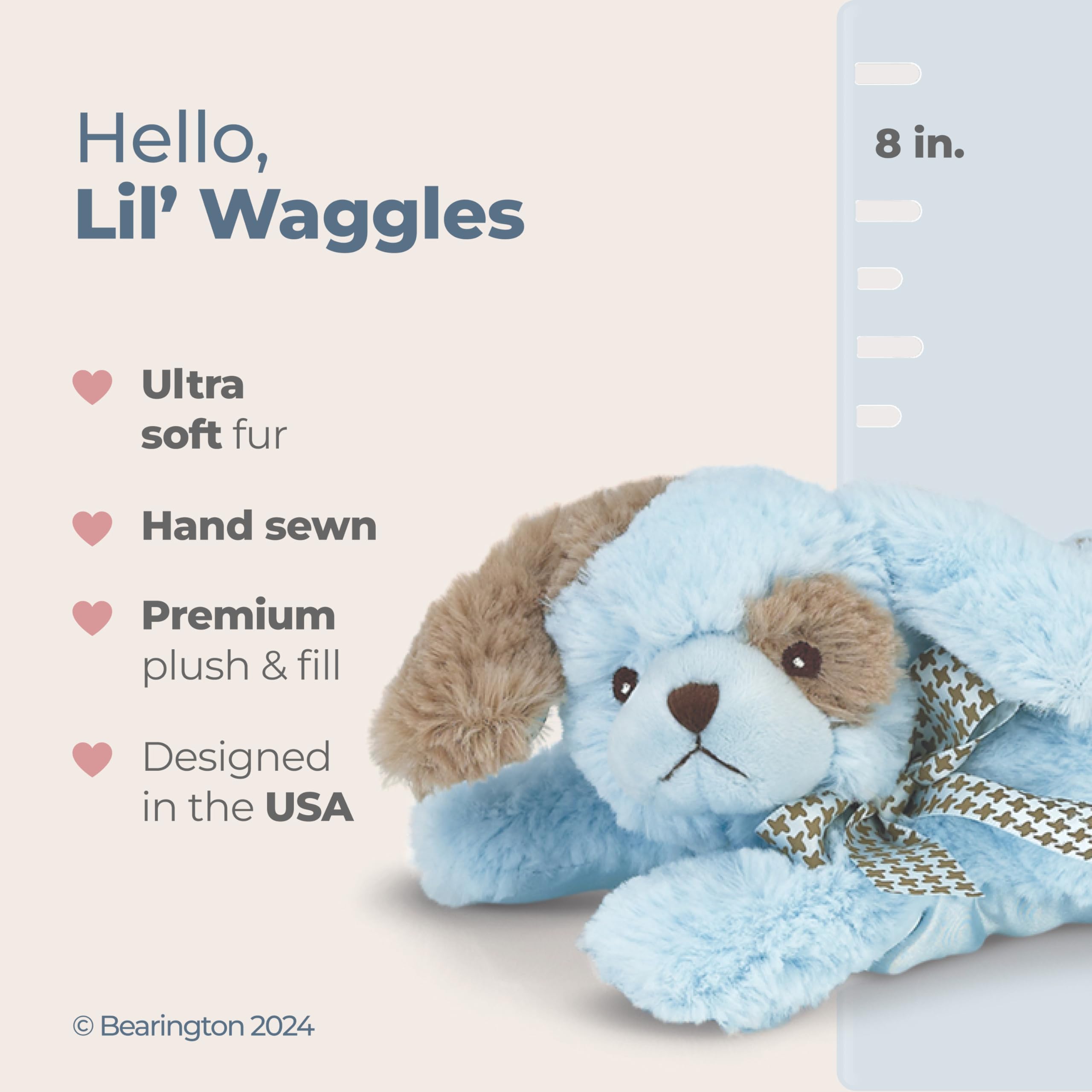 Bearington Baby Lil' Waggles Plush Stuffed Animal Blue Puppy with Rattle, 8 inches - Baby Plush