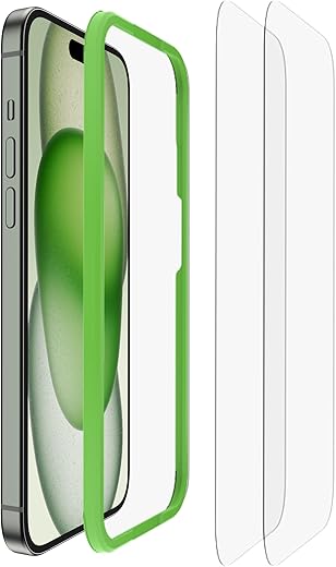 Belkin Tempered Glass Screen Protector Guard for iPhone 15 Plus with Easy Installation Frame – 2 Pack