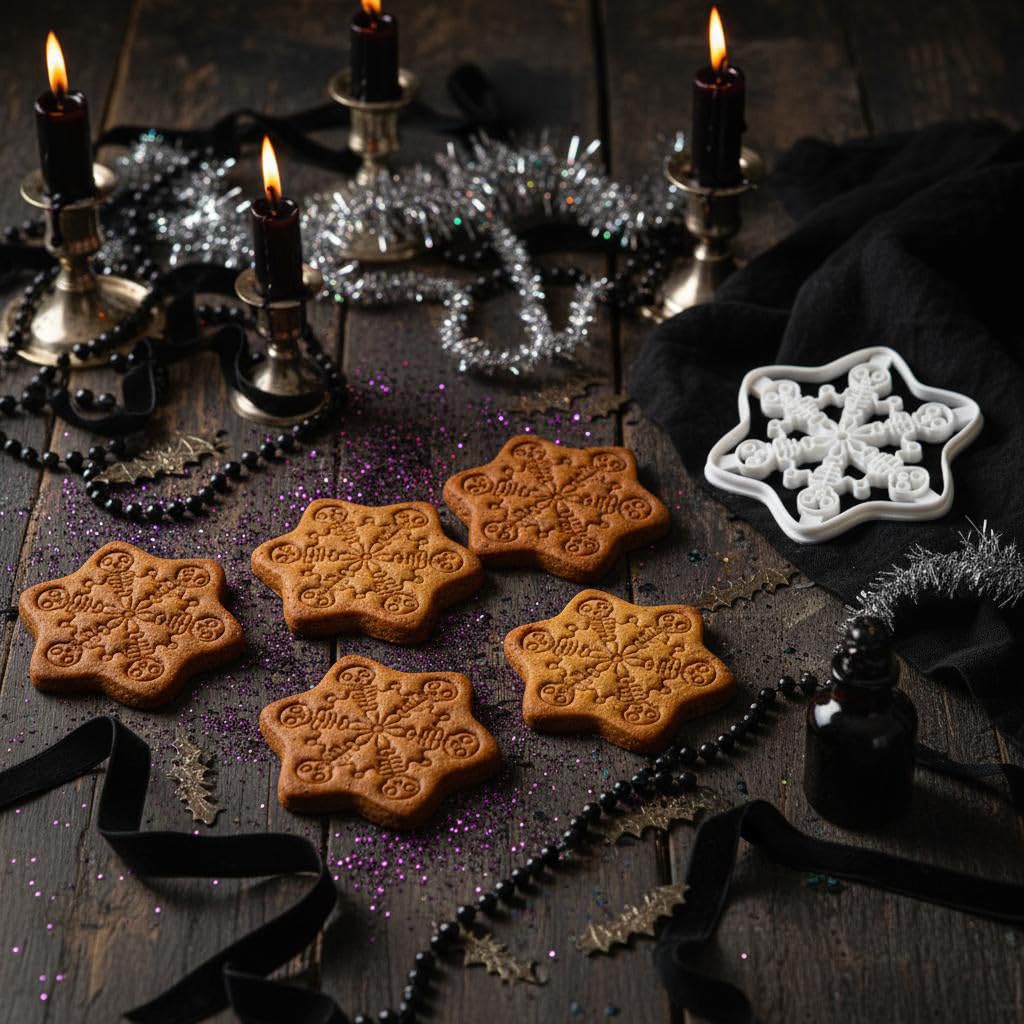 BAKERLOGY Lot de 2 Emporte-pièces Flocons Gothiques – Embosseurs Fondant Toile d’Araignée et Squelette Dansant pour Biscuits de Noël Effrayants et Fêtes Alternatives