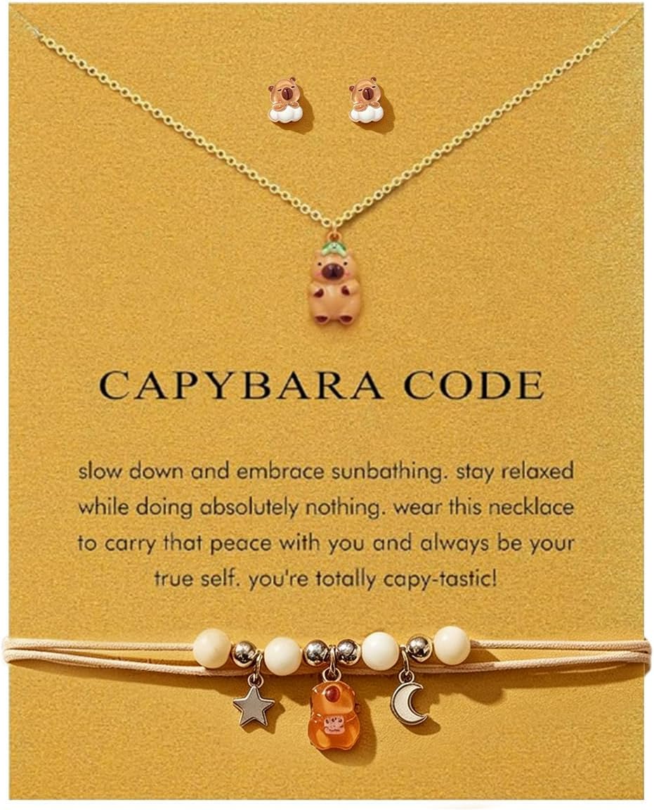 3PCS Kawaii Capybara Jewelry Set, Cute Capybara Necklace Earrings Bracelet, Anime Animal Charm for Women