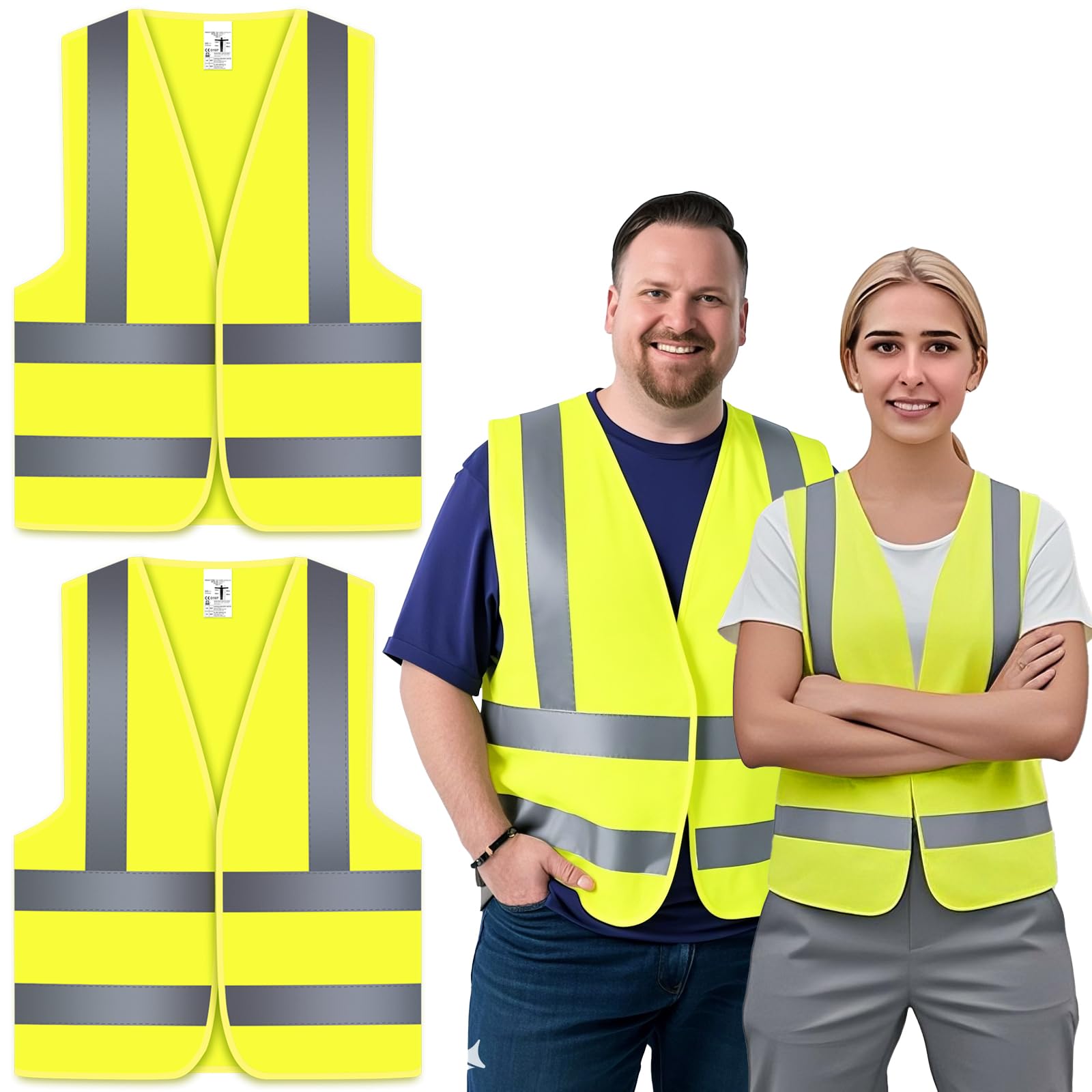 4-Strip High Visibility Safety Vest 360ยฐ Reflective, 2 Packs, Breathable Hi Vis Vest for Construction, Running, Cycling, Traffic Work - Adjustable Neon Yellow Waistcoat (One Size Fits Most)