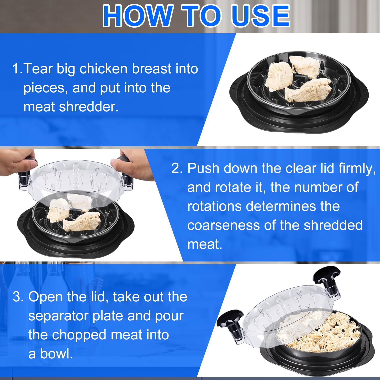 Trituradora de pechuga de pollo, herramienta trituradora de pollo, herramienta para triturar carne visible, con placa separada, parte inferior antideslizante, mango ergonómico, sin BPA, adecuado para 4