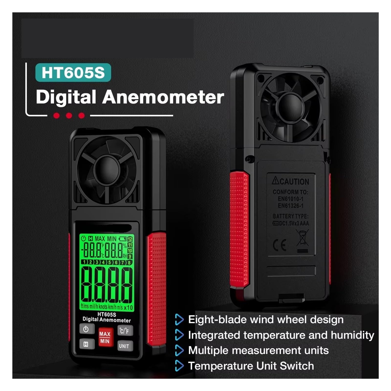 Anemómetro Digital HT605S, anemómetro de flujo aire, retroiluminación LCD, termómetro profesional 3 en 1, higrómetro