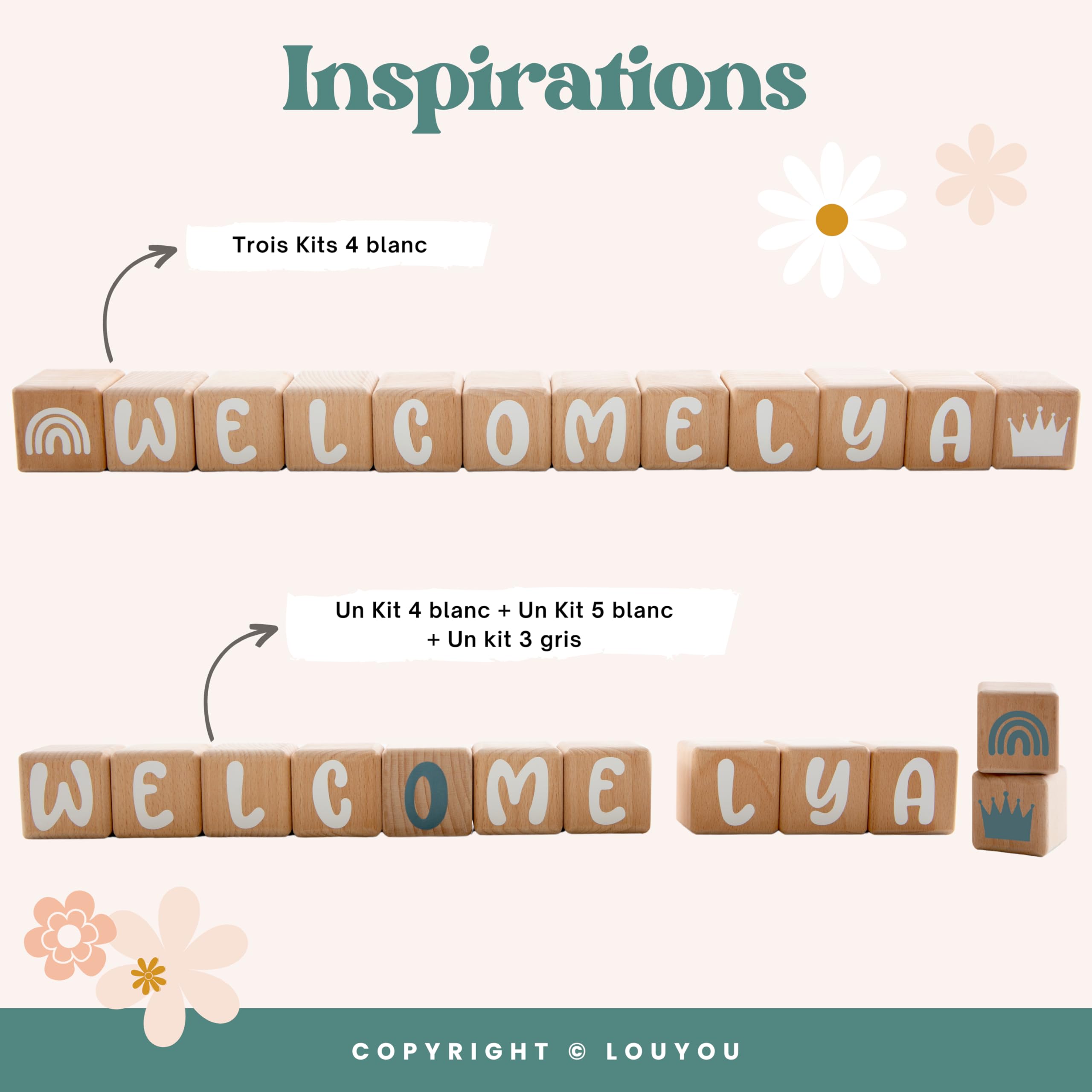 Cubos de Madera de 5cm x 5cm Kit de 4 Cubos con Pegatinas Grises - Letras de Madera de Gran Tamaño, Nombre Personalizado, Decoración para Habitación Infantil y Regalo de Nacimiento (Gris, 4)