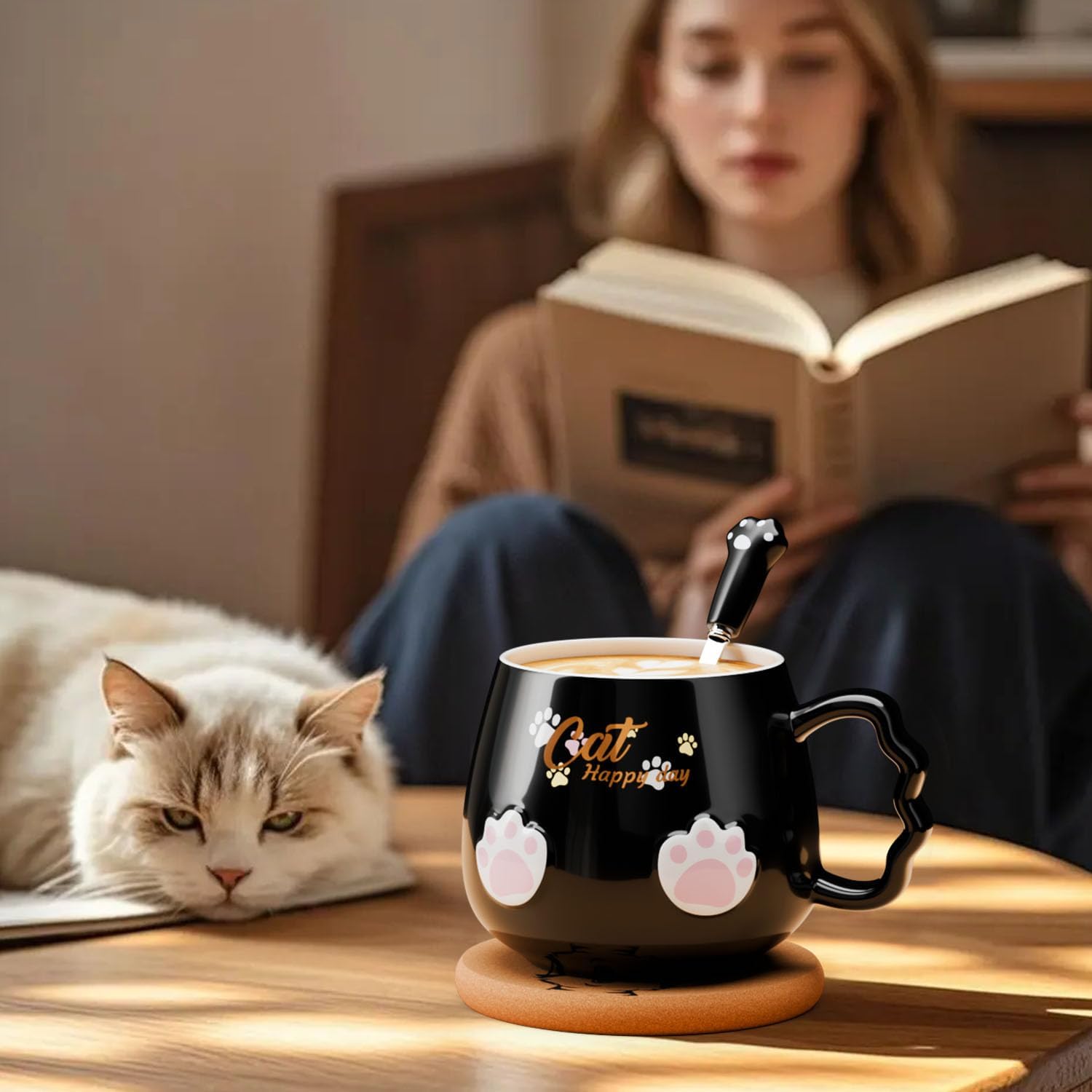Bgbg Cute Cat Mug, Novelty Ceramic Coffee Tea Milk Cup with Lovely Kitty Lid, Kawaii Claw Spoon, Anime Coaster, Novelty Things Birthday Christmas Gift for Cat Lovers Women Her, 14 oz, Black - Image 3