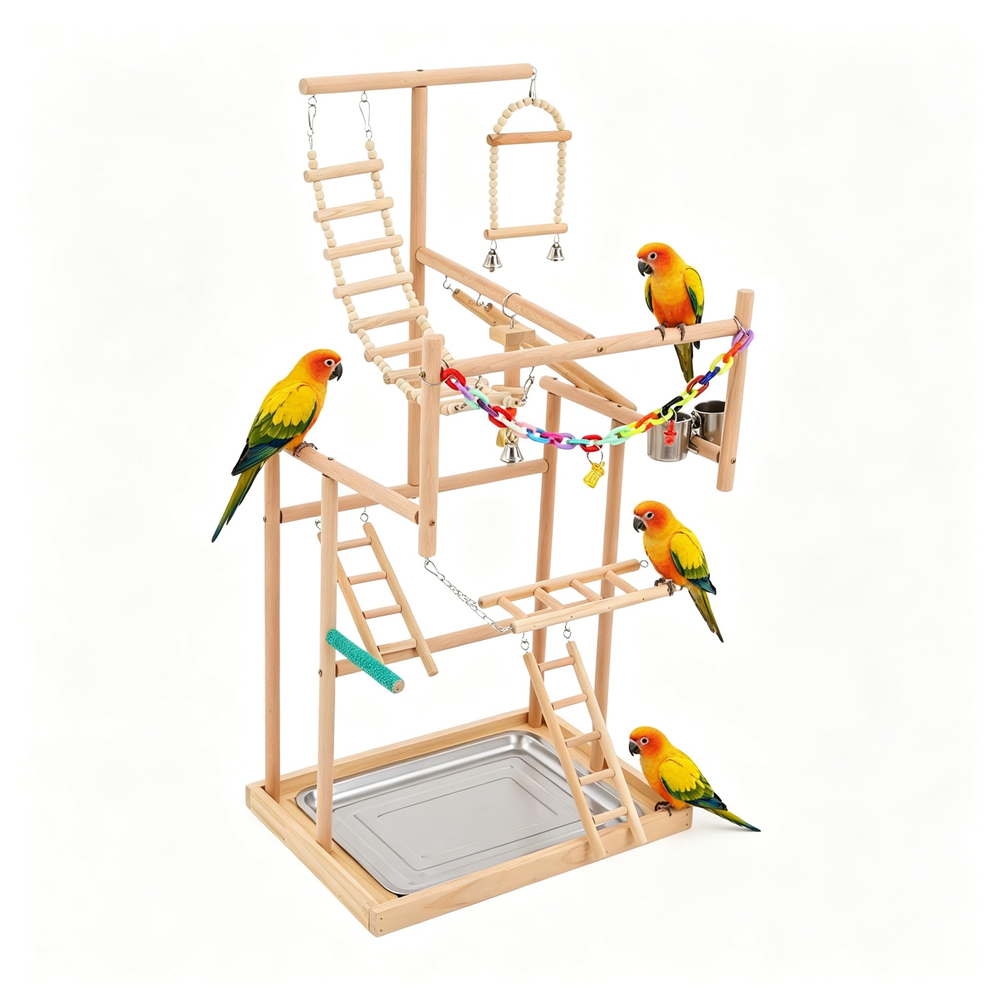 Bird Playground Wood, Parrot Playstand, juguete para periquitos, parque infantil para pájaros con escalera, columpio, taza de alimentación y bandeja, juguete de cacatúa, soporte para loros de madera