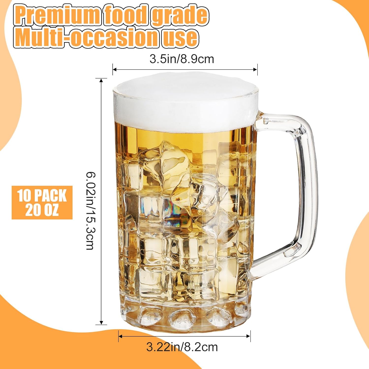 Mifoci 10 Pcs Plastic Beer Mugs with Handles 20 oz Clear Beer Stein Plastic Drinking Cups for Bar Home Hotel Cocktail Beverages Milk Juice Alcohol Soda