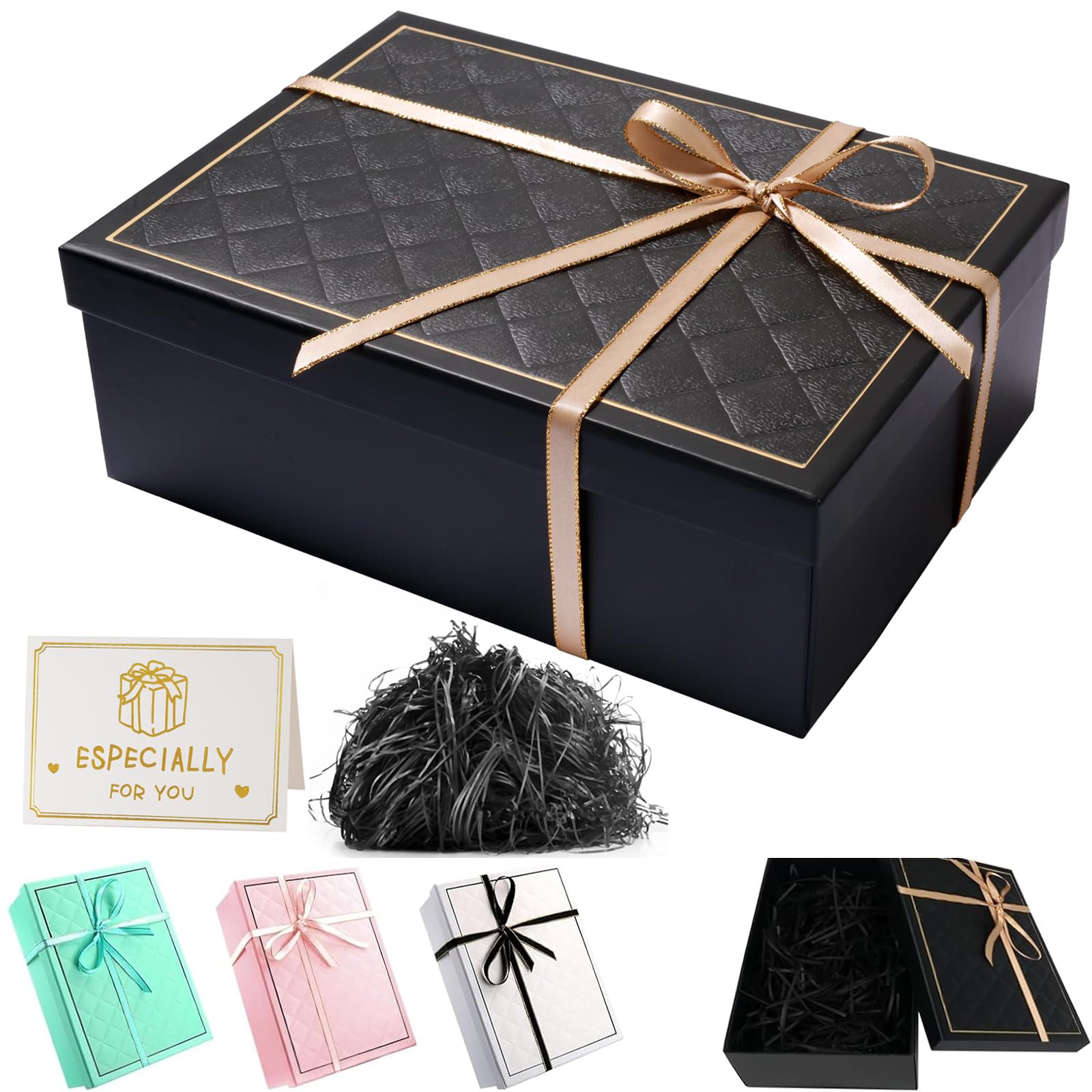 TAIXING 2026 New Gift Box, Textured Gift Boxes for Presents with Ribbon Shred Raffia Greeting Card, 25x18x8.5 cm Gift Boxes with Lids for Valentines Day Christmas Birthdays Anniversaries(Black)