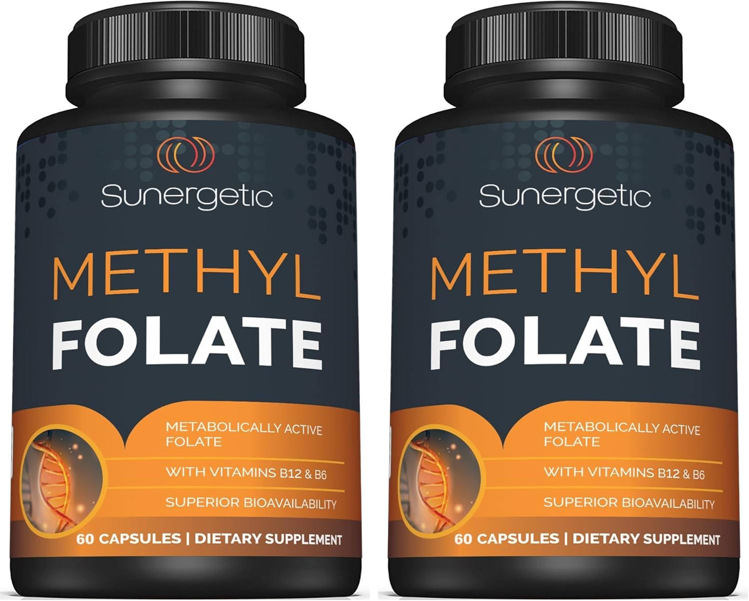 Sunergetic Premium Methyl Folate Supplement – with Methylated Vitamin B12 and Vitamin B6 – Metabolically Active Folate as Magnafolate - Methylfolate 400 mcg per Capsule – 60 Capsules (Pack of 2)