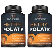 Sunergetic Premium Methyl Folate Supplement with Methylated Vitamin B12 and Vitamin B6 Metabolically Active Folate as Magnafolate - Methylfolate 400 mcg per Capsule 60 Capsules Pack of 2