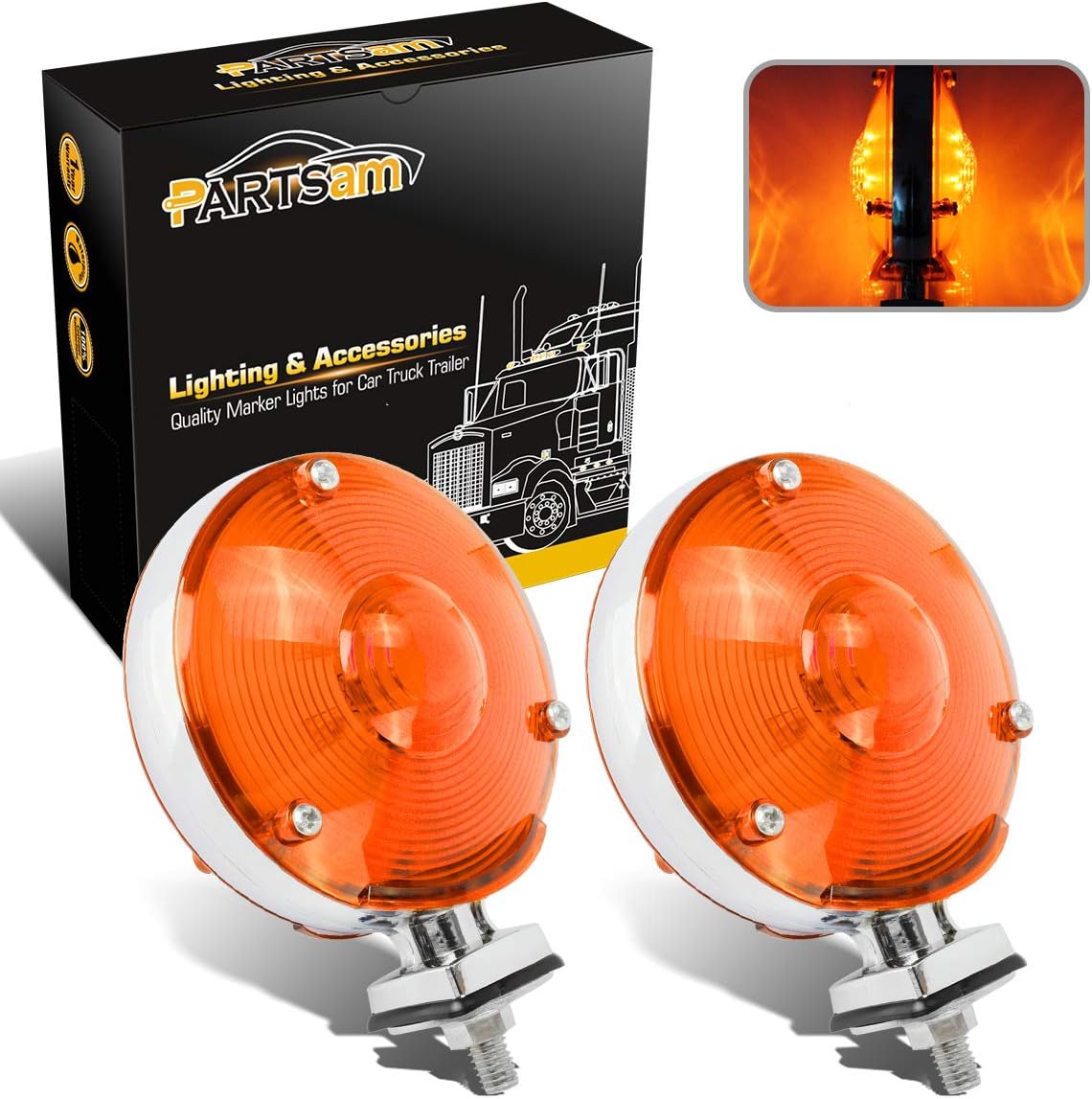 Partsam 2Pcs LED 4" Round Double Face Star Led Turn Signal Lights Chrome Amber 24 Diodes, Double Face Star Led Pedestal Lights, Dual Face Led Truck Trailer Lights