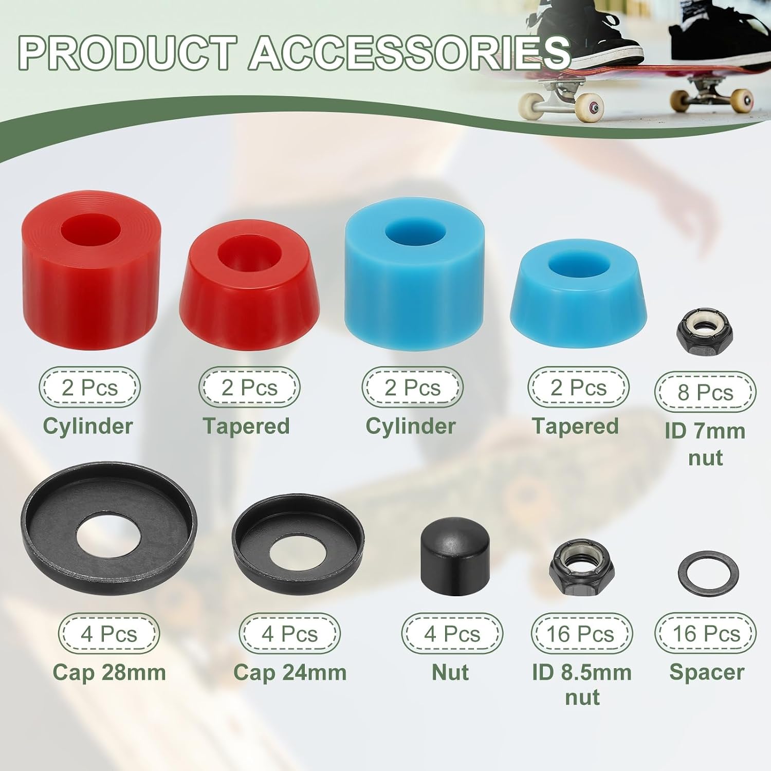 Skateboard Bushings, Skateboard Truck Rebuild Long-Board Kit Bushings Washers Pivot Cups