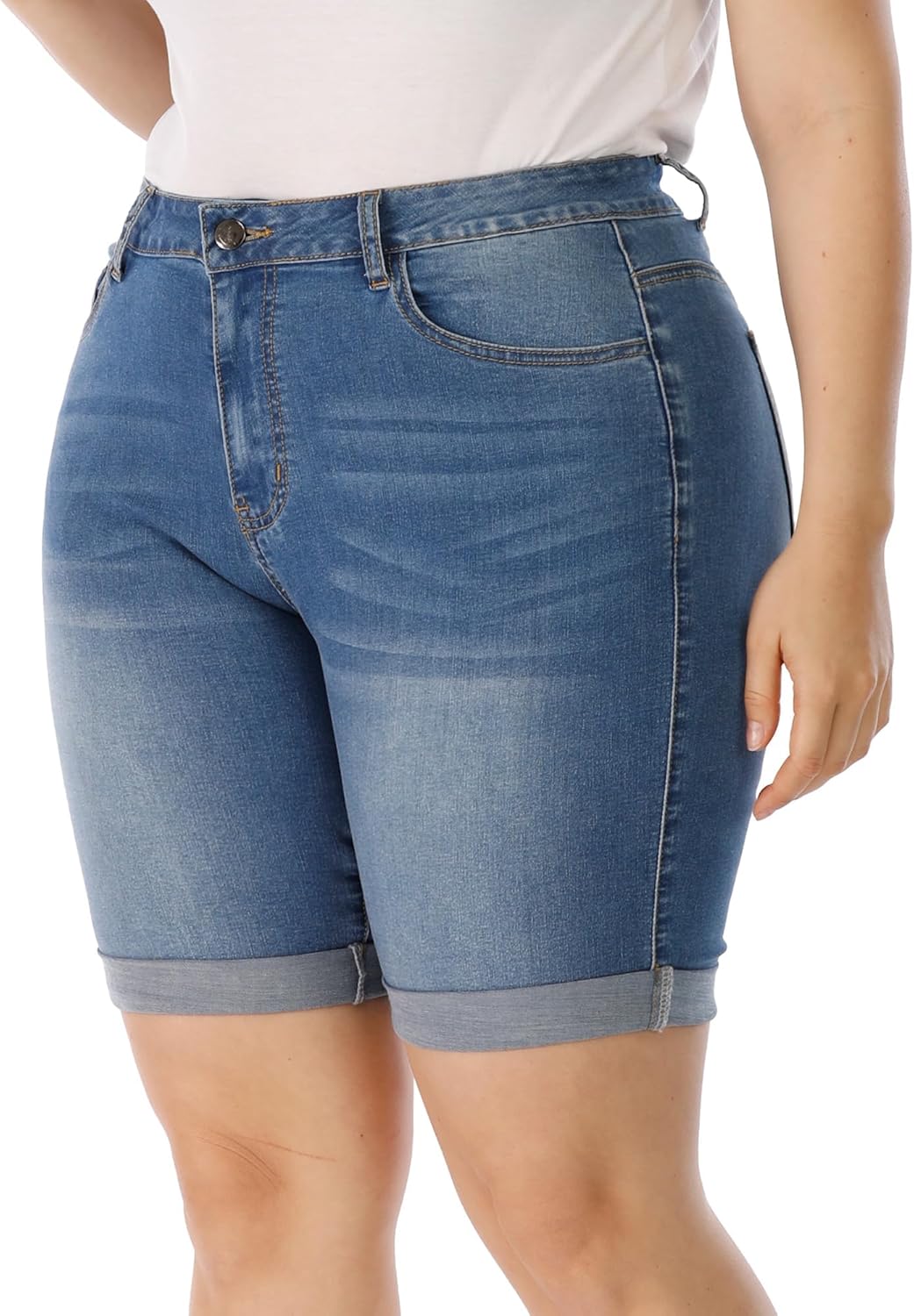 Womens Plus Size Jean Shorts High Waisted Stretchy Midi Bermuda Denim Shorts - Image 3