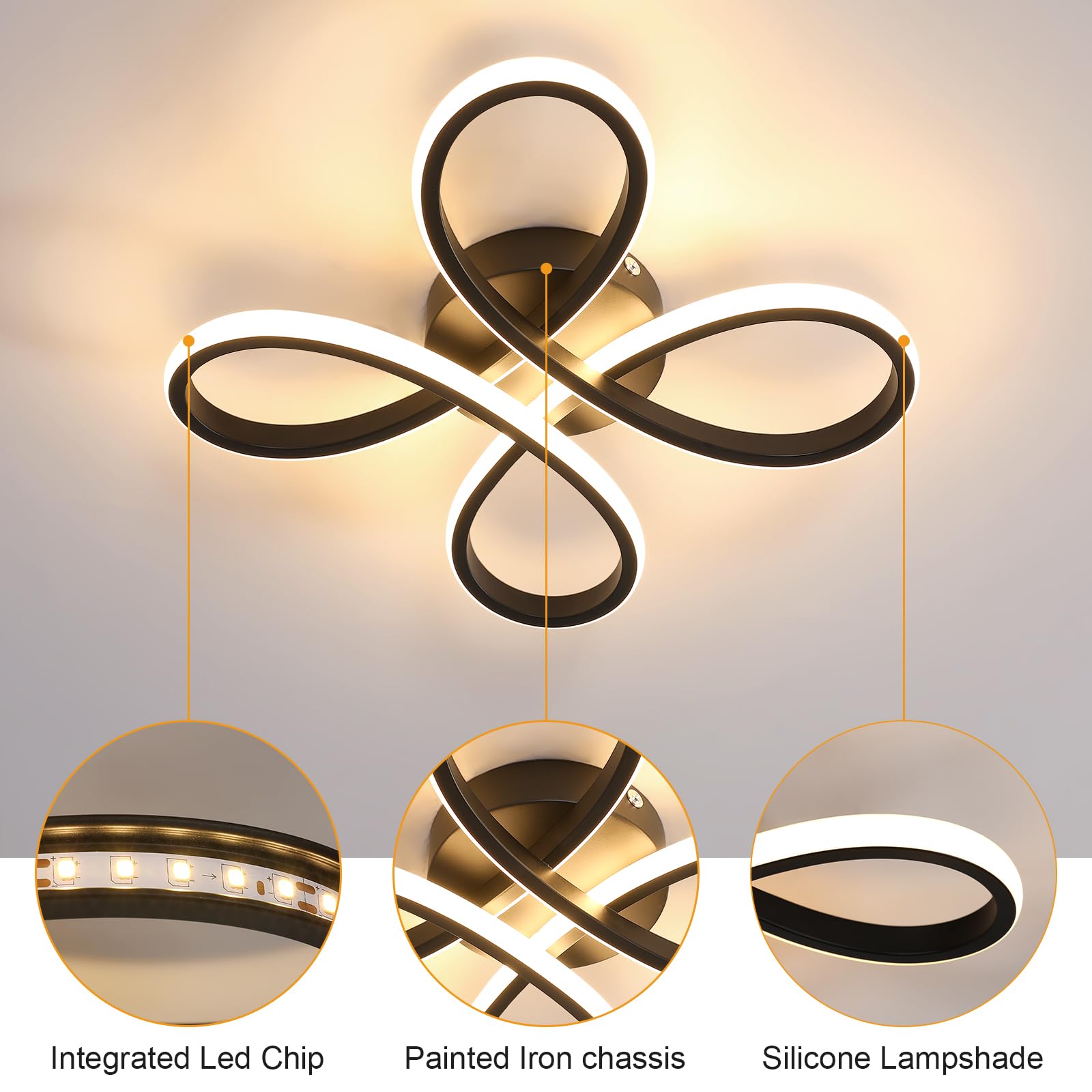 Comely Plafoniera LED Soffitto Moderna, 30W 3500LM Lampada da Soffitto Design Forma di Fiore, Lampadario LED Soggiorno Nera per Soggiorno, Sala da Pranzo, Camera da letto, Luce Bianco Caldo 3000K