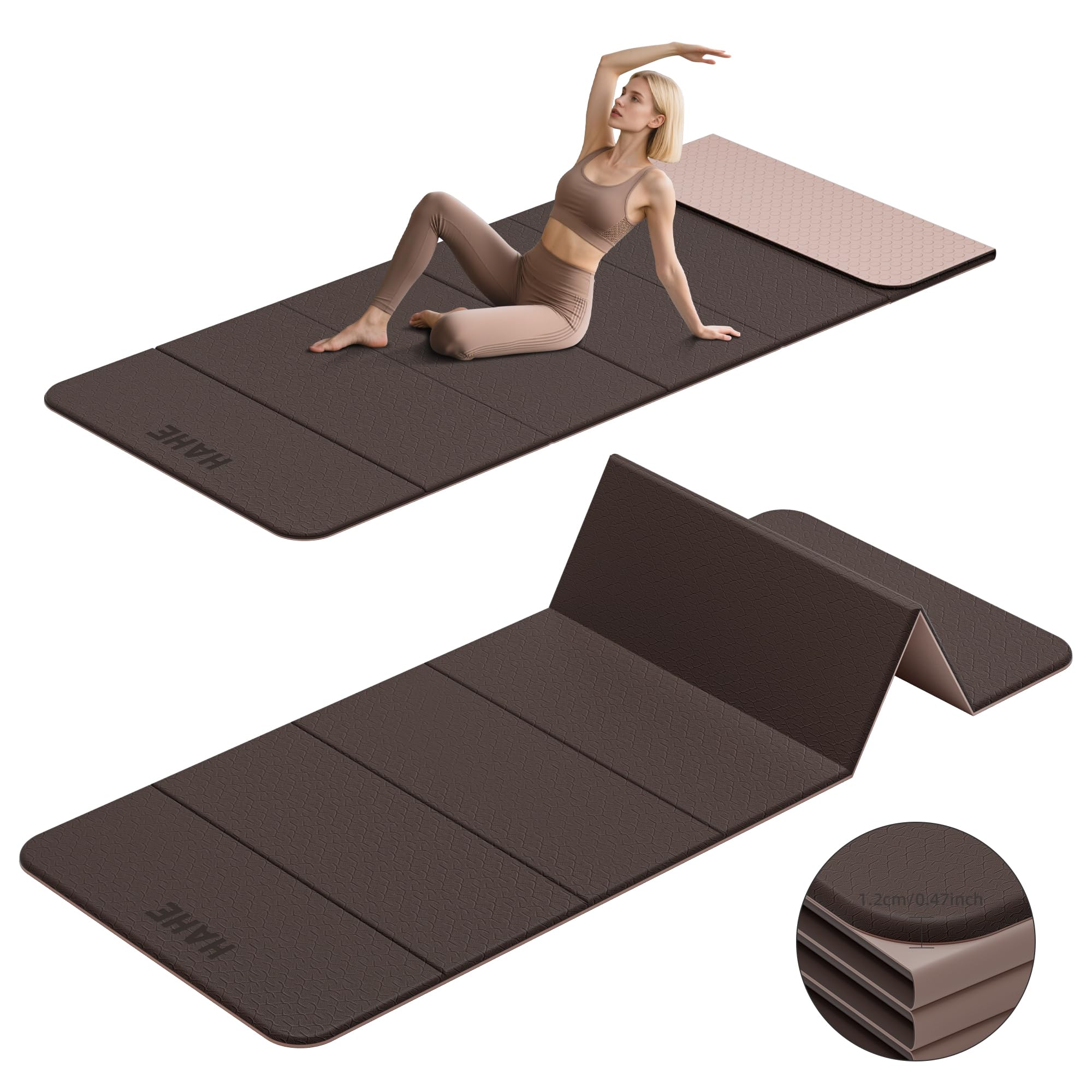 HAHE 7-Fold Design Extra Thick Yoga Mat 72"L x 24"W x 0.47",TPE Fitness Exercise Mats, Non-Slip Foldable Yoga Mat, High Density, Portable for Men & Women, Yoga, Pilates, Home Gym (Brown & Beige)