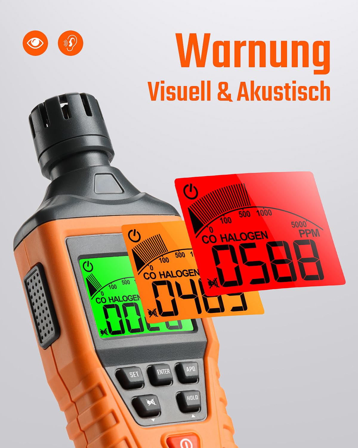 TopTes CT-300 Tragbarer CO-Detektor, CO-Detektor mit akustischem und optischem Alarm, 0-5000PPM, hintergrundbeleuchtetes Display, für Haus, Auto, Camping & Reisen (inkl. Batterie x3) - Orange