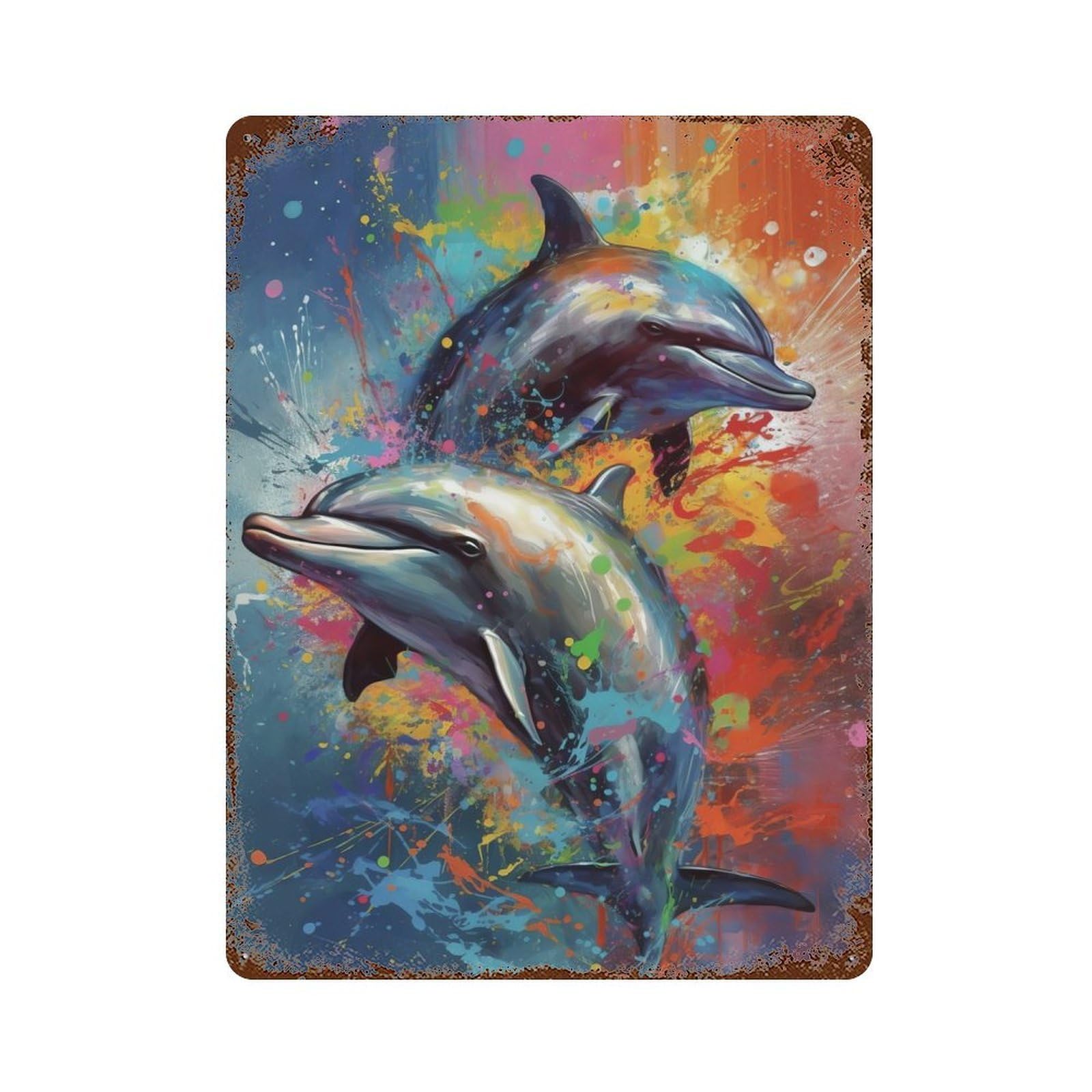 Dolphins Painting Rusty Metal Tin Sign 15.7"x11.8", for Pub, Kitchen And Man Cave Decor, Farmhouse Wall Decor