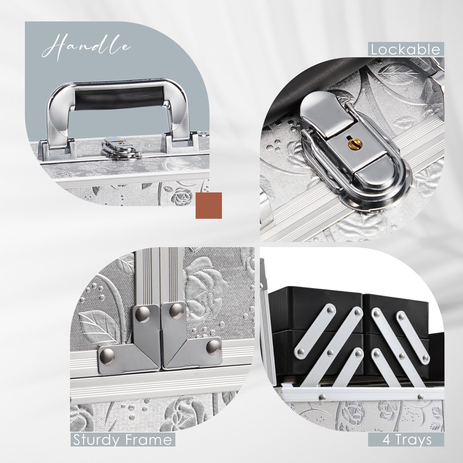 Valigetta Trucchi Valigetta Per Cosmetici Valigia Trucchi y 4 Vassoi Makeup Case Valigetta Unghie Beauty Case Cofanetto Organizzatore Trucco da Viaggio Professionale, Rosa d'argento