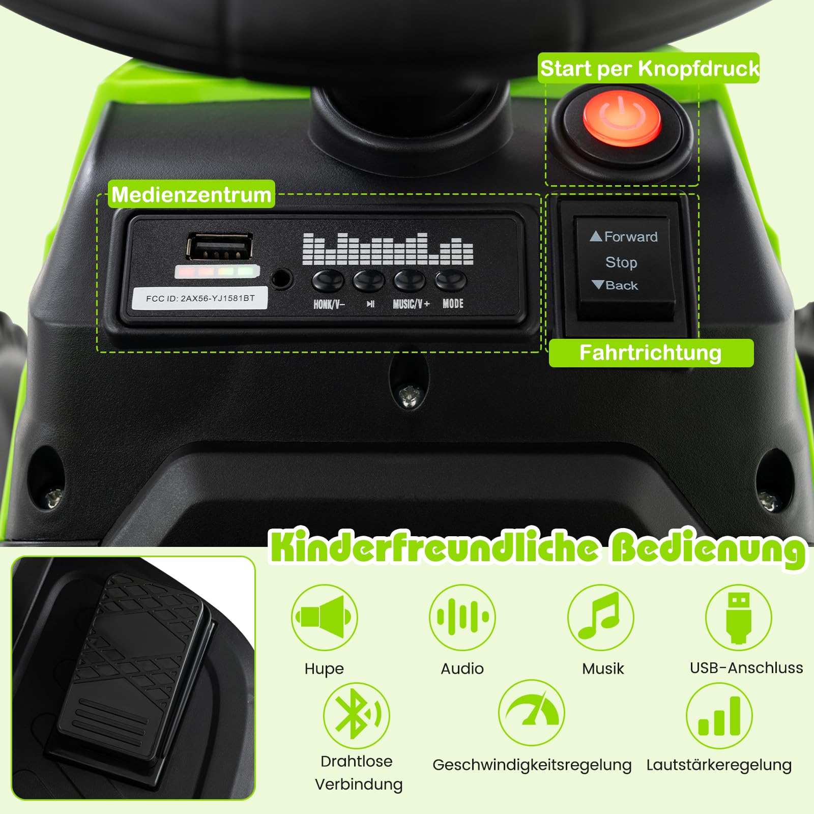 GOPLUS Elektryczny traktor dla dzieci 12 V z przyczepą, traktor elektryczny z pilotem zdalnego sterowania 2,4 G, pojazd elektryczny ze światłem LED, muzyką, klaksonem i Bluetooth, samochód elektryczny