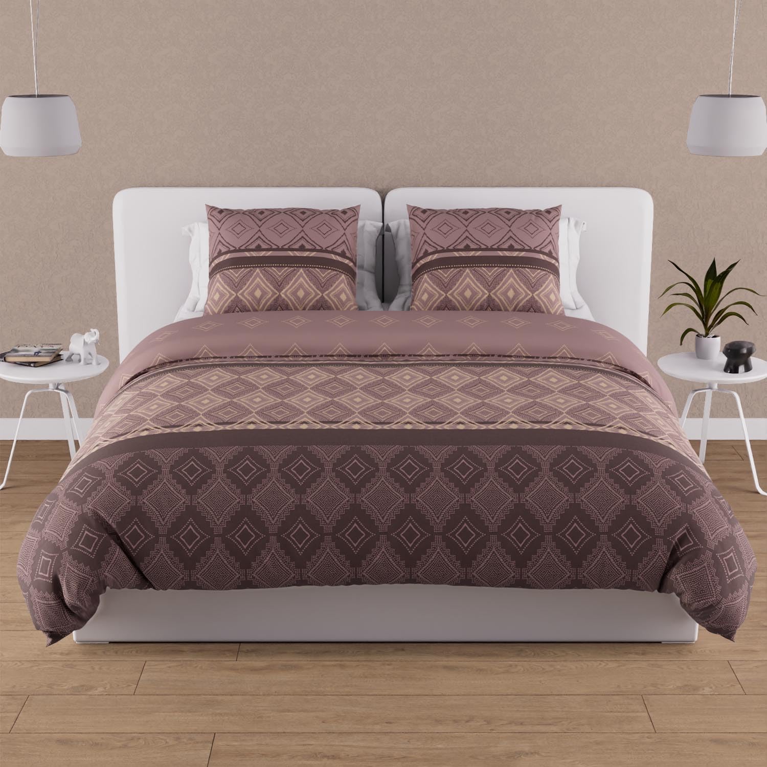 Soleil d'ocre, Ethno Duvet Cover Set, 57 Thread Count, 260 x 240 cm, Brown