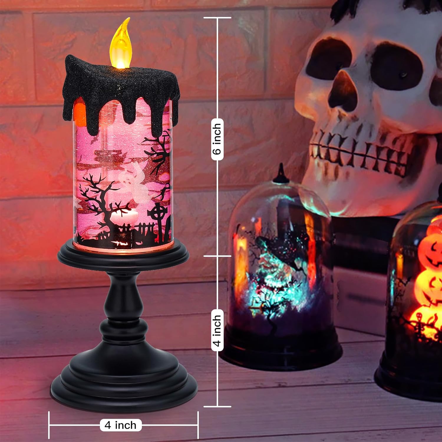 AOMIL Halloween Snow Globe Candles Lighted Lamp, Lighted Flameless Candles with Water Glitter Swirls and Spooky Moving,Battery Operated