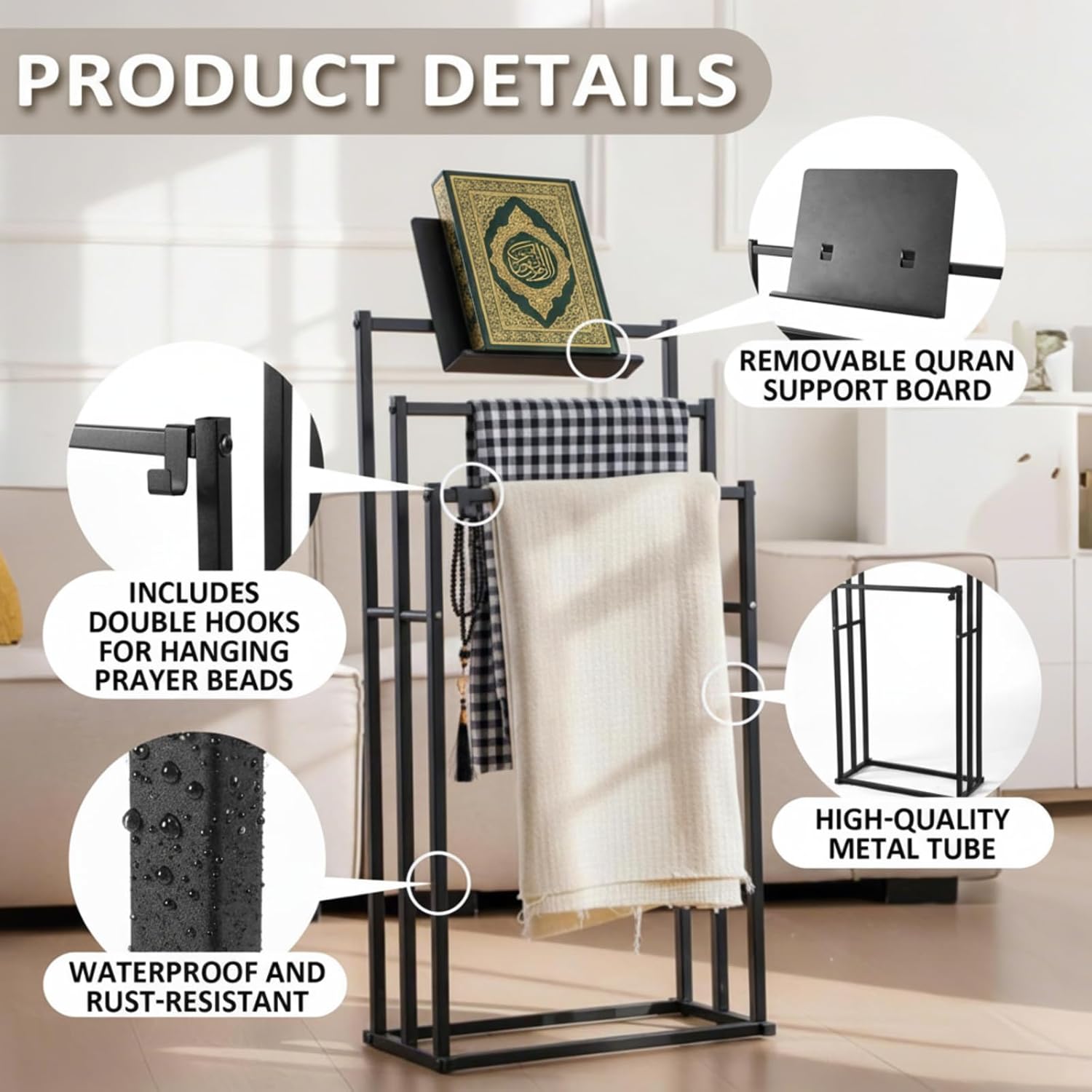 Novabright 34 in Islamic Quran and Prayer Stand Holder Muslim Metal Prayer Quran Mat Rug Holder 3 Tier Stepped Modern Islamic Decorative Rug Organizer Eid Al-adha Gift Standing Towel Rack Bathroom