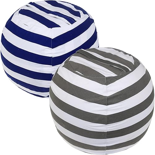 2 Packs Stuffed Animal Storage Beanbag Cover 24" Bean Bag Storage for Kids Girs Boys Room Toys Organizer Heavy-duty Zipper Bean Bag Chair Covers Only Grey Blue White Stripes Cotton Canvas