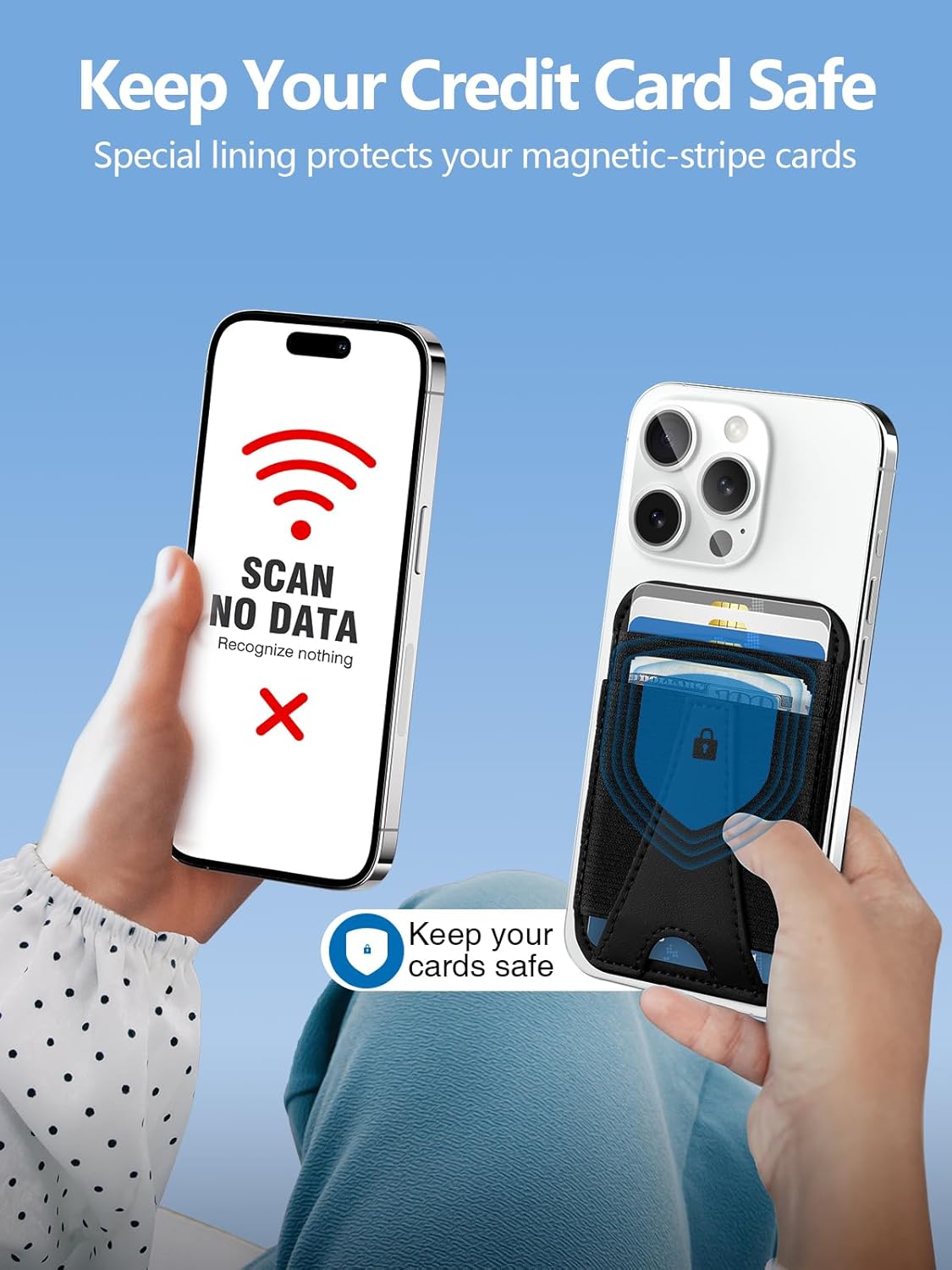 Image showing an iPhone with the Miroddi wallet next to a phone displaying 'SCAN NO DATA', indicating RFID protection.