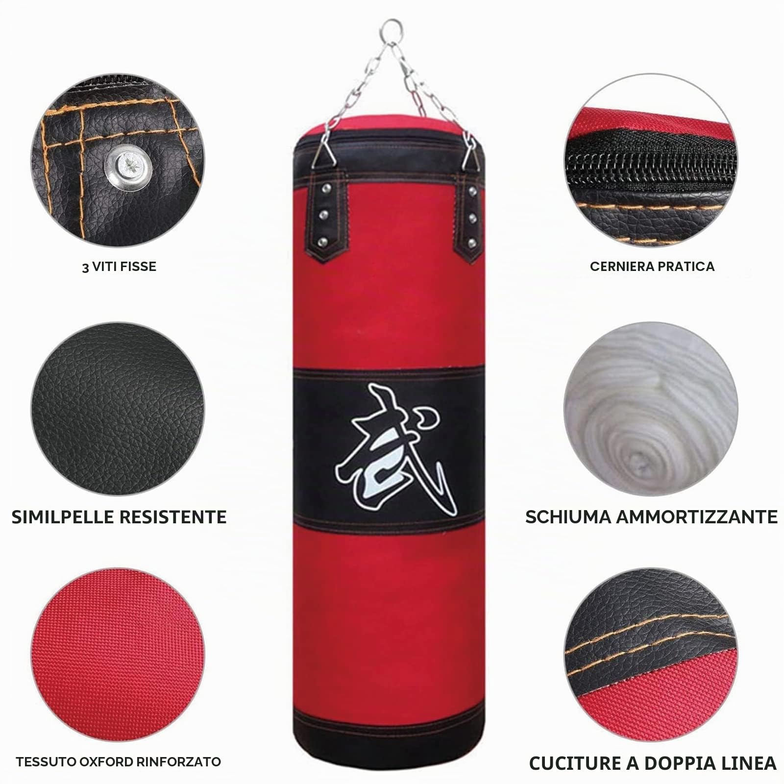 Sacco da boxe pesante per adulti, giovani, bambini, sacco da boxe per interni/giardino, con guanti, catena, gancio da soffitto per MMA, kickboxing, karate (non riempito)