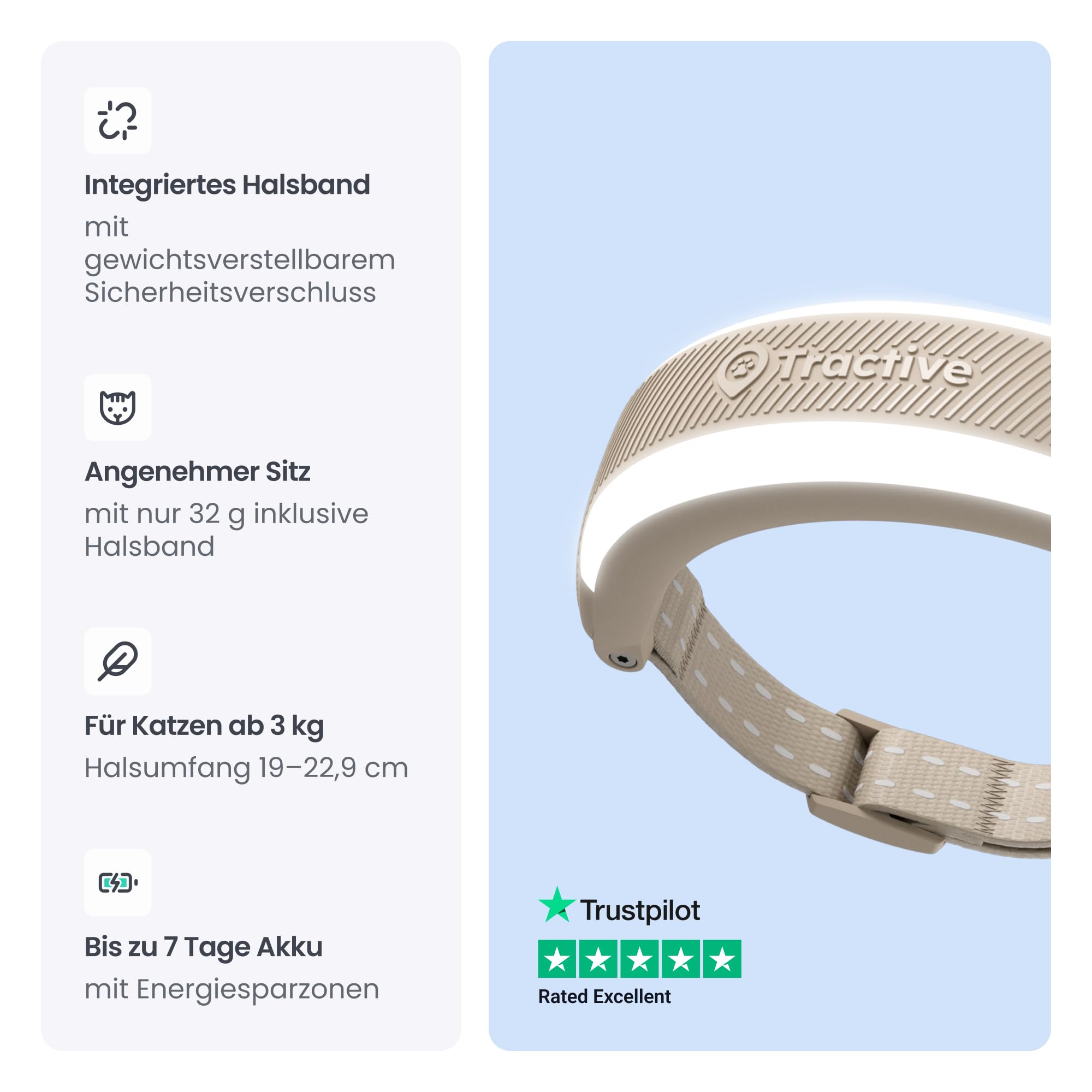 Tractive Smarter Katzen GPS Tracker Mini | Modell 2026 | Marktführer | Live-Ortung | Gesundheitswarnungen & Vitalwerte | Sicherheitsverschluss | Integriertes Halsband (Braun)