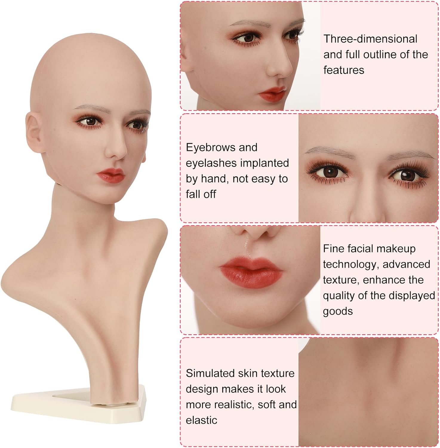 Realistic Silicone Head Mannequin Fake Female Head Model Display for Jewelry Wig Scarf Necklace Glasses Props Display Art Collection with Lifelike Skin Tone (2WTM3-1)