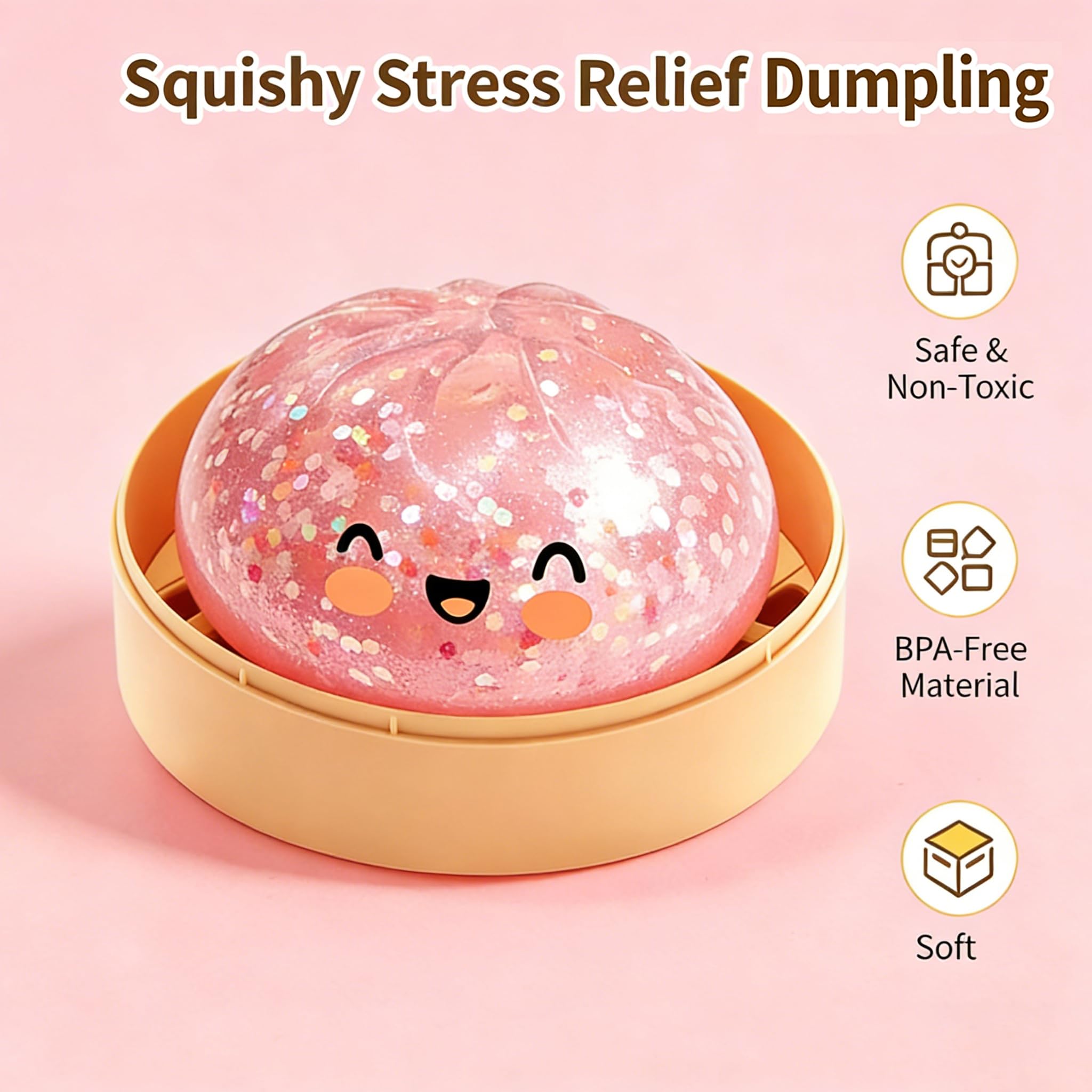 Giant Glitter Dumpling Squishy, Colorful Mystery Stress Dumplings, Cute Soft Calming Unbreakable Figurine Simulation Ball (Pink) - 4