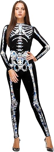 KatchOn Disfraz de esqueleto plateado - Body de esqueleto para mujer para Halloween truco o trato