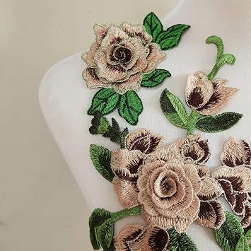 3pcs(Set) Flowers Embroidered Patch Sticker for Clothing Jacket Jeans Lace Applique DIY Clothes Decorations Fabric Patches (Khaki)