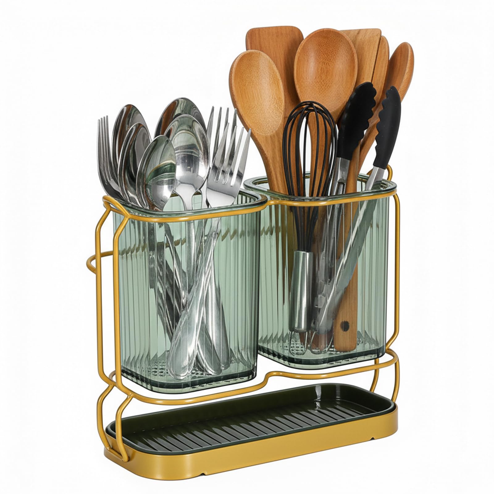 Punorric Kitchen Utensils Holder, 2 Compartments Clear Cutlery Drainer for Sink, Quick Drying Plastic Utensil Drainer with Drain Tray, Wall Mount Cutlery Holder for Silverware, Forks - Green