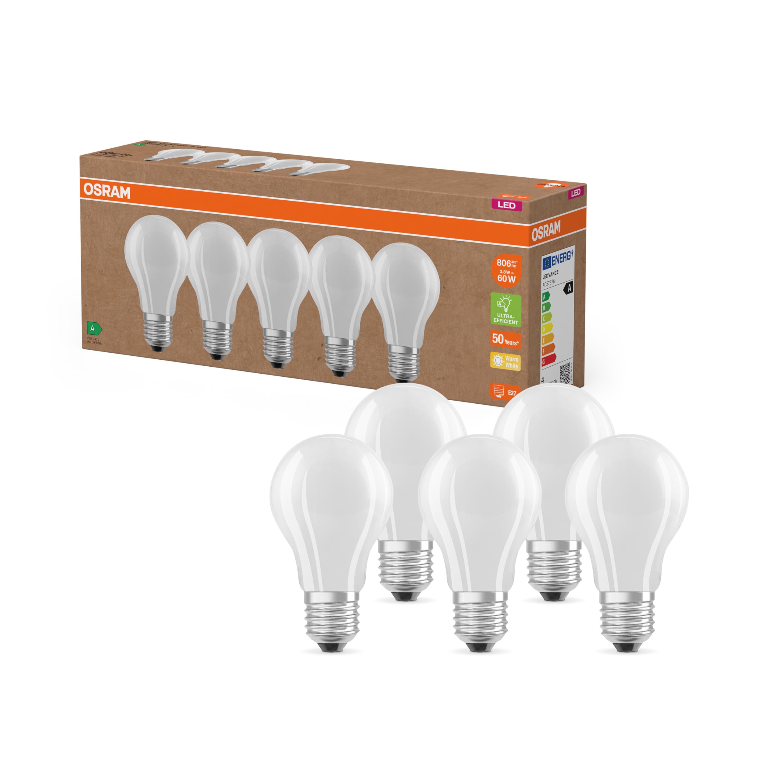 OSRAM Hocheffiziente LED Lampen mit Energieeffizienz Klasse A, Vorteilspack mit 5 Leuchtmittel, ersetzt herkömmliche 60W Glühbirnen, warmweiß(2700K), E27, mattes Glas, Matt