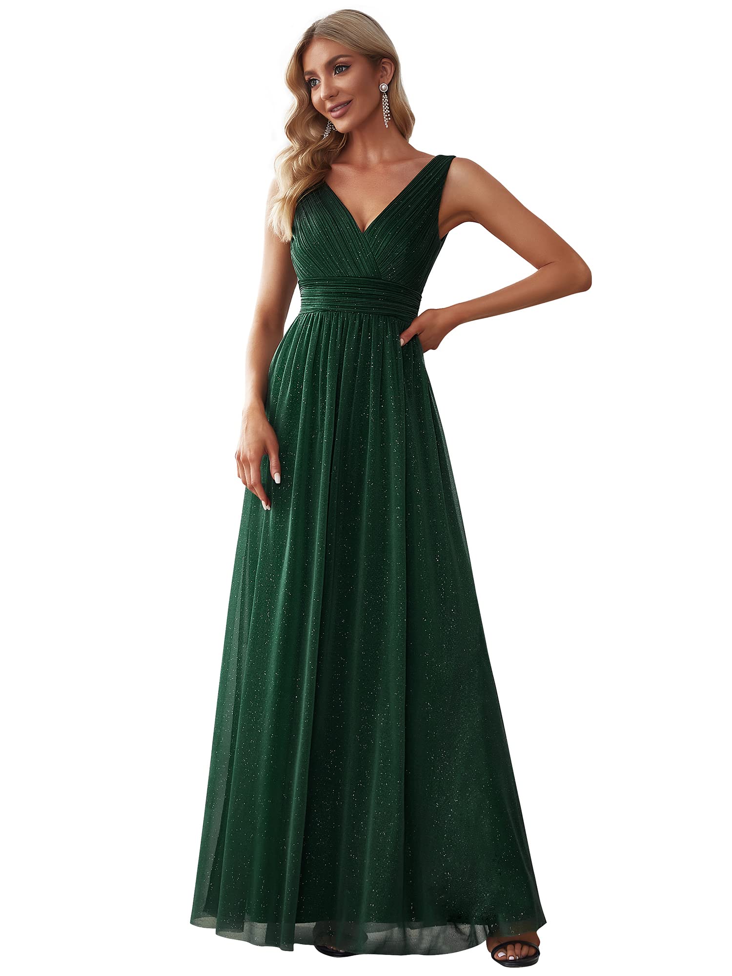 Ever-Pretty Damen V-Ausschnitt Ärmellos Hohe Taille Glitzer Elegant Lang Abendkleider EZ07764
