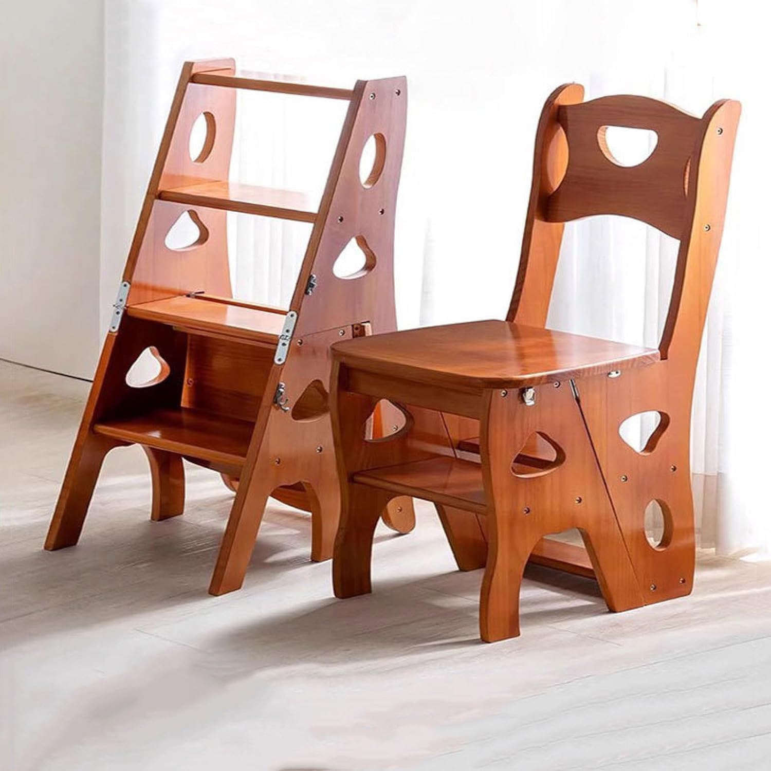 Solid Wood Folding Ladder Chair,4-Step Library Ladder,2 in 1 Portable Multifunctional Step Stool Convertible Folding Chair Step Stool Display Stand Flower Stand for Office Home Outdoor