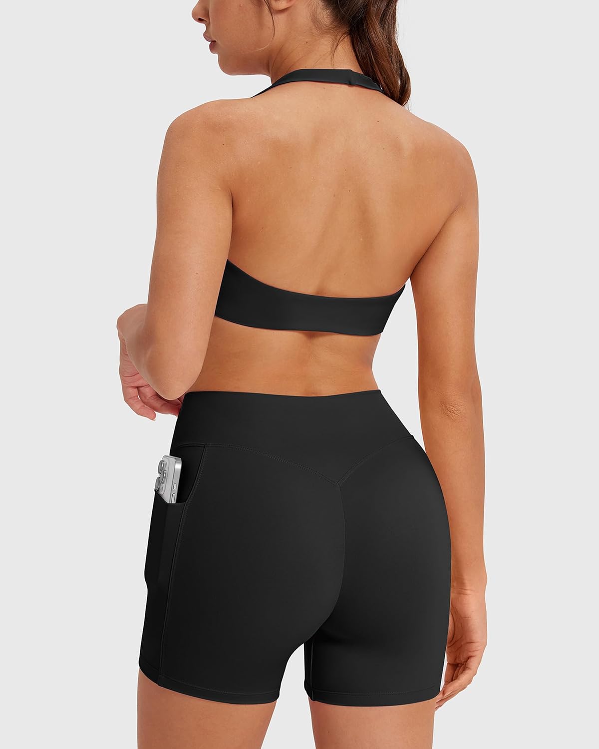 MOOSLOVER Women 2 Piece Workout Sets Halter Sports Bra Tank Top Scrunch Butt Shorts Gym Yoga Outfits with Pockets