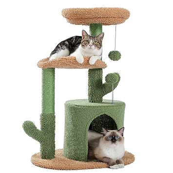 PAWZ Road Cat Tree 32 Inches Cactus Cat Tower with Sisal Covered Scratching Post, Cozy Condo, Plush Perches and Fluffy Balls for Indoor Cats