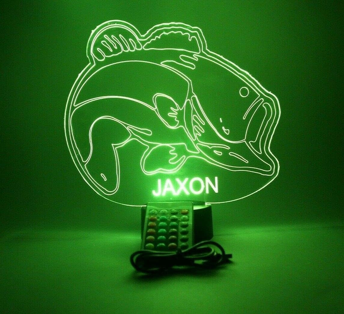 MIRROR MANIA Fish Sea Bass Gone Fishing Fisherman Night Light Up Lamp LED Personalized Engraved Desk Table Lamp, It's Wow, with Remote, 16 Color Options, Dimmer, Free Engraved, Great Gift